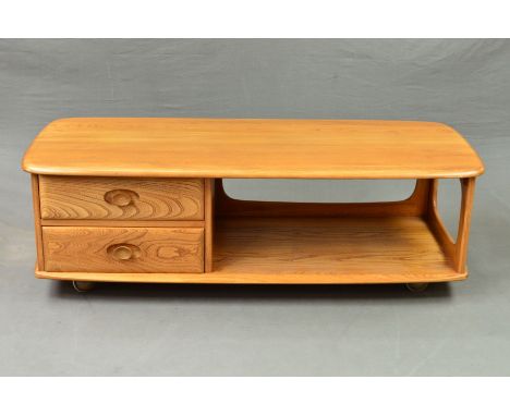 AN ERCOL ELM MINERVA RECTANGULAR COFFEE TABLE, with two drawers and lower shelf, width 125cm x depth 53cm x height 39cm (cond