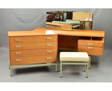 A G-PLAN LIMBA 1950'S TEAK FOUR PIECE BEDROOM SUITE, on an aluminium frame, comprising of dressing table with a shaped rectan