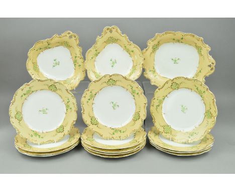 A VICTORIAN PORCELAIN PART DESSERT SERVICE, apricot ground with hand painted green and pink foliate decoration with gilt deta