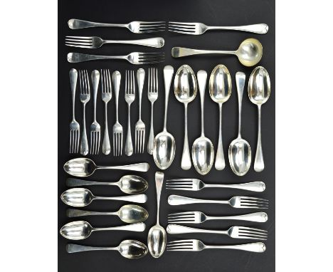 AN EDWARDIAN SILVER PART CANTEEN OF OLD ENGLISH PATTERN FLATWARE, comprising one sauce ladle, six table spoons, nine table fo