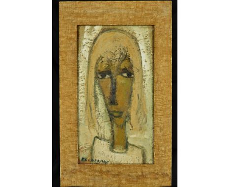 FRANS MARTIN CLAERHOUT (SOUTH AFRICAN 1919-2006), a portrait of a woman painted in an abstract manner, oil on board, signed l