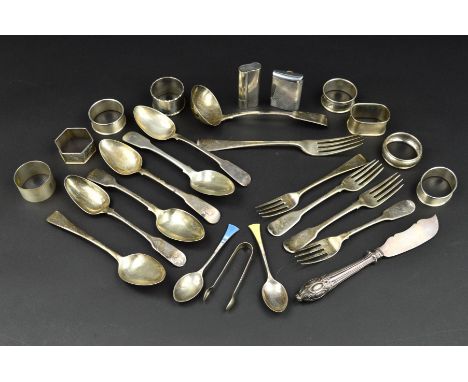A PARCEL OF PROVINCIAL IRISH AND LONDON FLATWARE, including a Fiddle pattern dessert spoon, engraved initial, marked Sterling
