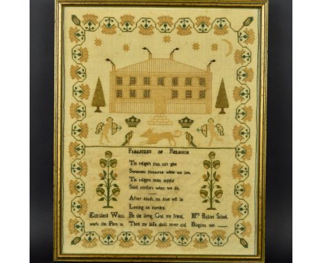 A VICTORIAN NEEDLEWORK SAMPLER WORKED BY ELIZABETH WATTS, 'Work this piece at Mrs Baileys School, Blagdon 1839', foliate bord
