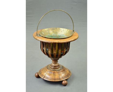 A 19TH CENTURY WALNUT STAINED AND WALNUT JARDINIERE, with boxwood stringing, circular top fitted with brass liner and swing h