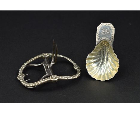 A GEORGE III SILVER CADDY SPOON, scallop shell bowl with bright cut handle engraved with initials, maker George Smith, London