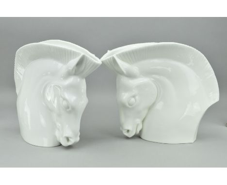 A RAOHL SCHORR FOR ROYAL WORCESTER PAIR OF WHITE GLAZED HORSE'S HEAD VASES, green printed factory marks and P1, approximate h