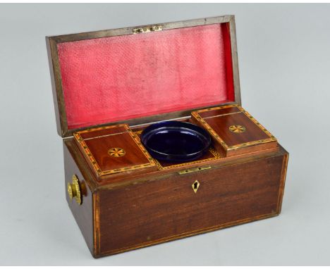 A GEORGE III MAHOGANY AND INLAID TEA CADDY, of rectangular form, the hinged lid with oval inlaid panel of a vase of flowers, 