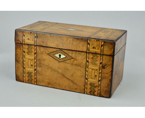 A VICTORIAN WALNUT AND TUNBRIDGE WARE BANDED RECTANGULAR TEA CADDY, mother of pearl lozenge inlay to lid and escutcheon, the 