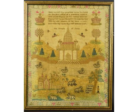 A REGENCY NEEDLEWORK SAMPLER WORKED BY SARAH LIZARS, aged 8 years, 1816, with foliate border, religious text and 'The Temple 