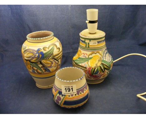 Two Poole Pottery vases and a lamp base