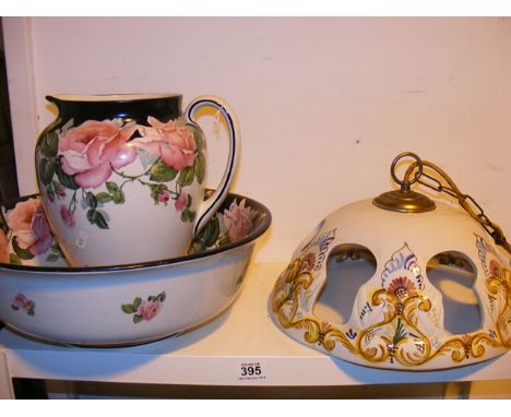A Crescent and Sons jug and bowl set with floral decoration together with a Spanish lamp shade