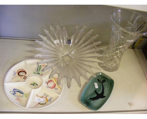 A Poole Pottery hors d'ouvres dish together with a pin dish, a Dartington crystal bowl and another