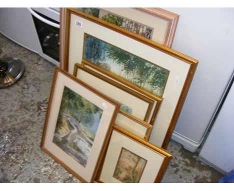 A collection of framed and glazed watercolours mainly by Liz Robson together with framed tapestry etc