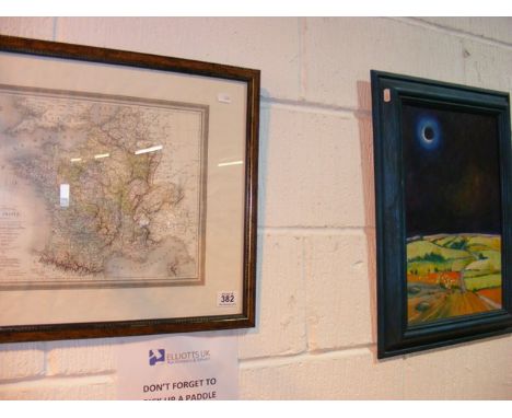 A framed and glazed map of France together with a framed oil on board depicting night time country scene and a print entitled