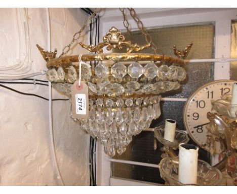 Gilt brass bag form light fitting having cut glass drops