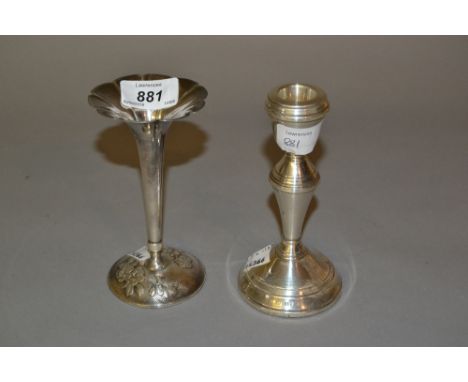 Chinese silver flared rim vase having character mark to base, together with an Irish silver baluster candlestick