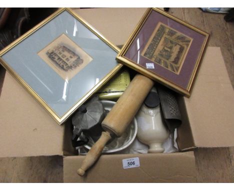 Small box containing a quantity of various kitchenalia including a rolling pin and two gilt framed coloured prints