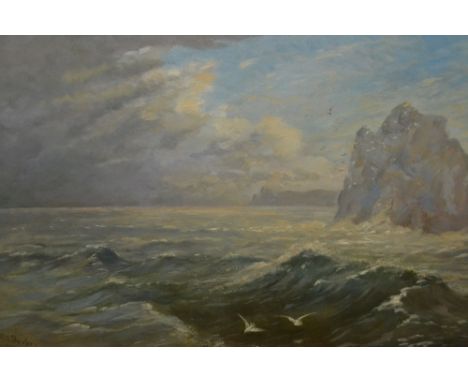 E.H.A. Barker, oil on canvas, seascape and rocky coastline with gulls, signed, dated 1921, gilt framed, 13ins x 20ins