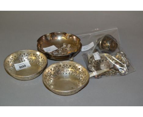 Pair of Chester silver circular pierced trinket dishes, 925 marked silver dish with embossed decoration, another small silver