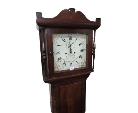 Early 19th Century mahogany longcase clock, the square hood with arched pediment above a rectangular panel door, plinth base 