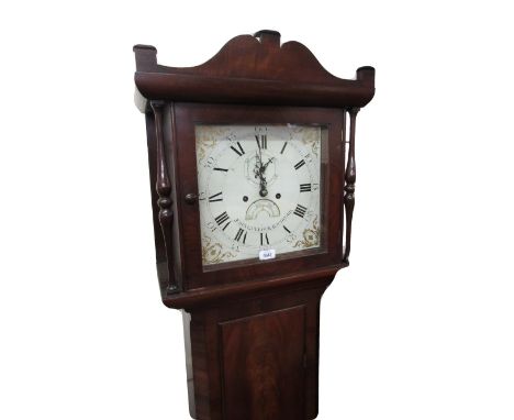 Early 19th Century mahogany longcase clock, the square hood with arched pediment above a rectangular panel door, plinth base 