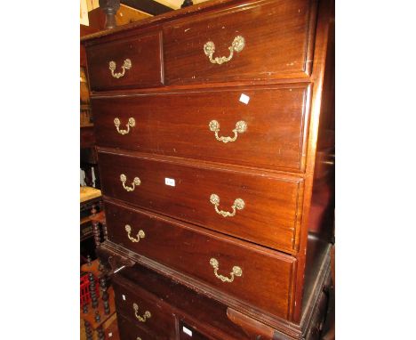Pair of reproduction mahogany George III style straight front chests of two short and three long drawers, raised on ogee brac