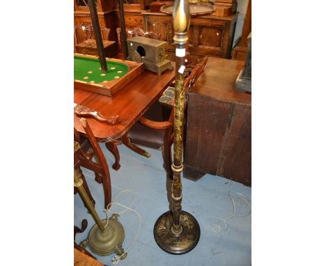 Early 20th Century Chinoiserie lacquered standard lamp having painted decoration of figures, foliage and temple