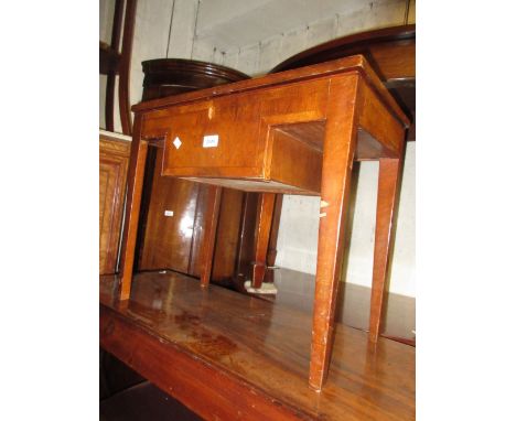 19th Century rectangular mahogany and crossbanded work table (reduced in height), together with a 20th Century stained beechw