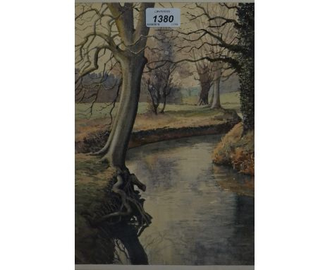 Watercolour, tree lined river landscape, watercolour, ' Camels ' and a signed print by Michael Aubrey