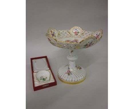 Late Meissen pedestal comport decorated with birds and flowers, together with a small boxed Meissen pipe stand