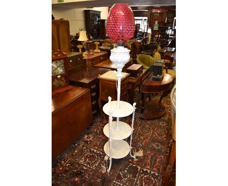 Victorian white painted cast iron oil lamp standard with a three tier etagere base