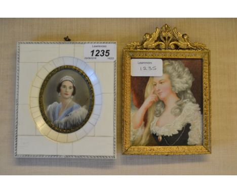 Late 19th or early 20th Century watercolour, portrait miniature of a lady wearing a feather stole and tiara in an ivory mount