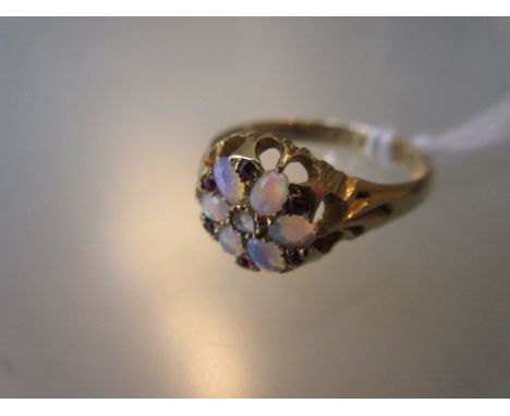 19th Century 18ct gold opal and ruby cluster ring