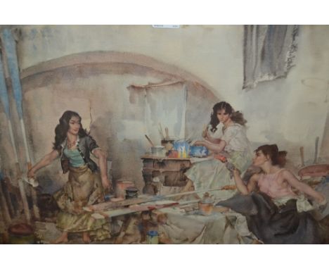 Sir William Russell Flint signed print, girls painting in an interior, 17ins x 24ins