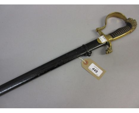 German Officer's sword having wire twist grip with lion's head pommel with single fullered curved blade and black painted ste