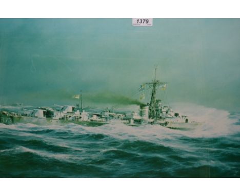 Robert Taylor, artist signed coloured print H.M.S. Cavalier, also signed Mountbatten of Burma, together with another Robert T