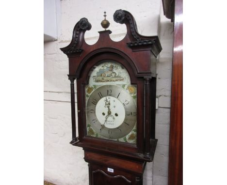 19th Century longcase clock, the hood with broken arch pediment and eagle surmount above an arched top dial with painted figu