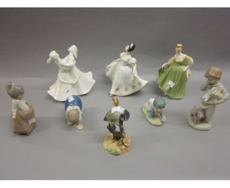 Three various Royal Doulton figures, two Nao figures and another similar together with a modern Royal Copenhagen figure of a 