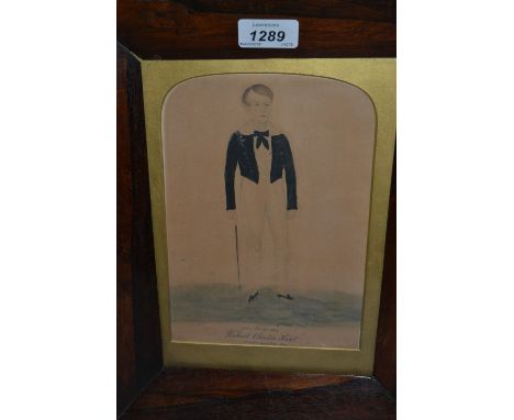19th Century watercolour, portrait of Robert Charles Hunt in a rosewood frame, together with a pair of framed coloured prints