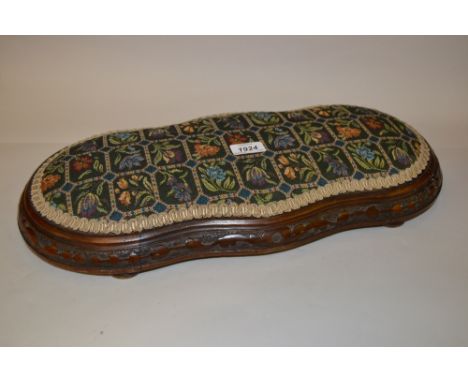 Low late 19th / early 20th Century shaped and carved floral upholstered kneeling stool, a turned standard lamp and a brass co