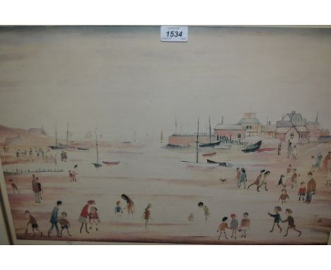 L.S. Lowry, signed Limited Edition colour print ' On the Sands ', No. 293 of 500, framed