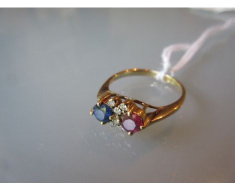 18ct Yellow gold ring set ruby, diamond and sapphire