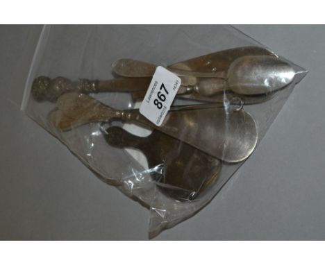 Two silver handled shoe horns, similar button hook, small hand mirror and two other items