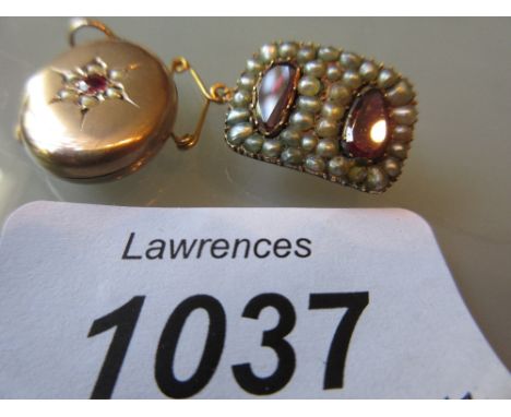 Small oval yellow metal ruby and pearl set pendant locket, together with a 19th Century pearl memorial brooch
