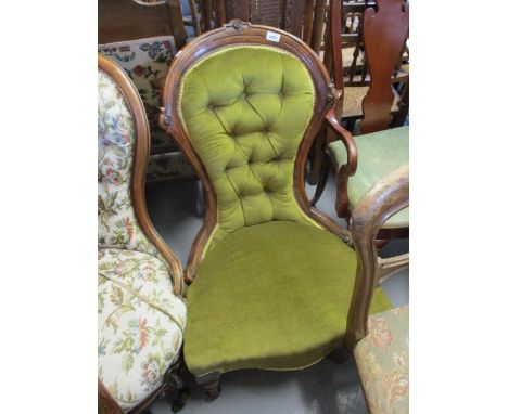 Victorian carved beechwood green button upholstered ladies chair on turned fluted supports