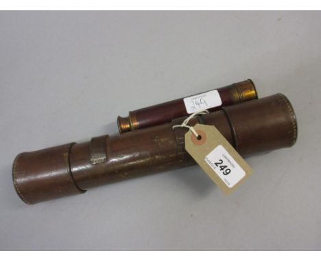 W.F. Stanley, leather covered brass telescope, together with a small wooden cased brass telescope