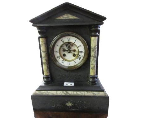 19th Century French black slate marble mounted mantel clock, the enamel dial with Roman numerals and a two train visible esca