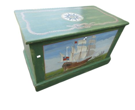 Modern painted trunk decorated with three masted galleon at sea on a green ground