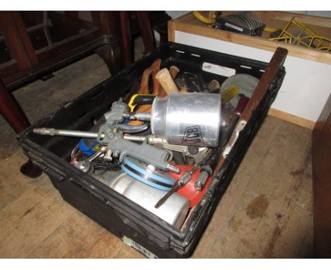 Large box of hand tools and paint spraying cans together with a box of external lights and an outdoor spotlight