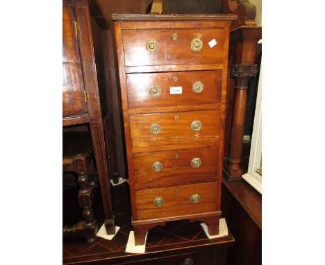 19th Century mahogany narrow chest of five drawers with octagonal brass handles and bracket feet